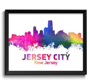 INSTANT DOWNLOAD Jersey City Skyline New Jersey Colorful Watercolor Cityscape Poster Print Landscape Art Painting Blue Purple Pink Yellow