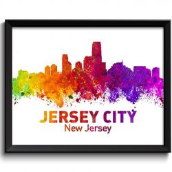 INSTANT DOWNLOAD Jersey City Skyline New Jersey Colorful Watercolor Cityscape Poster Print Landscape Art Painting Red Purple Pink Yellow