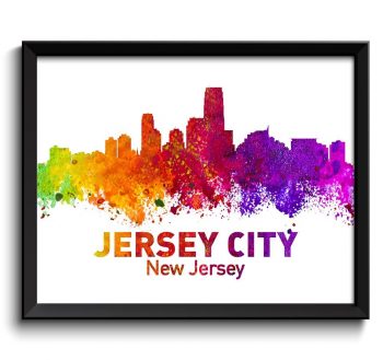 INSTANT DOWNLOAD Jersey City Skyline New Jersey Colorful Watercolor Cityscape Poster Print Landscape Art Painting Red Purple Pink Yellow