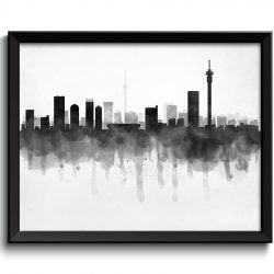 INSTANT DOWNLOAD Johnannesburg Skyline South Africa Cityscape Art Print Poster Black White Grey Watercolor Painting