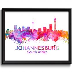 INSTANT DOWNLOAD Johnannesburg Skyline South Africa Cityscape Art Print Poster Yellow Red Pink Purple Watercolor Painting