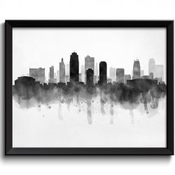 INSTANT DOWNLOAD Kansas City Skyline Kansas Missouri USA United States Cityscape Art Print Poster Black White Grey Watercolor Painting