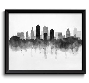 INSTANT DOWNLOAD Kansas City Skyline Kansas Missouri USA United States Cityscape Art Print Poster Black White Grey Watercolor Painting