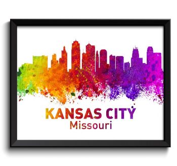 INSTANT DOWNLOAD Kansas City Skyline Missouri Colorful Watercolor Cityscape Poster Print Landscape Art Painting Red Purple Pink Yellow Green