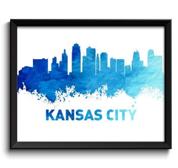 INSTANT DOWNLOAD Kansas City Skyline Missouri Navy Blue Turquoise Watercolor Cityscape Poster Print Landscape Painting Home Decor Wall Art