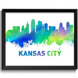 INSTANT DOWNLOAD Kansas City Skyline Missouri Watercolor Cityscape Poster Print Landscape Art Painting Green Blue Yellow Pink Purple