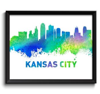 INSTANT DOWNLOAD Kansas City Skyline Missouri Watercolor Cityscape Poster Print Landscape Art Painting Green Blue Yellow Pink Purple