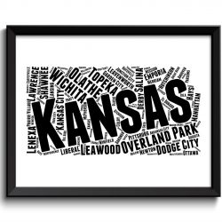 INSTANT DOWNLOAD Kansas Map State Text Words Watercolor Poster Print USA United States Modern Abstract Landscape Art Painting Black White