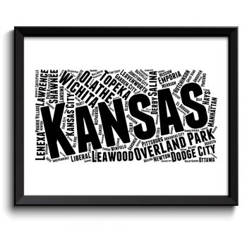 INSTANT DOWNLOAD Kansas Map State Text Words Watercolor Poster Print USA United States Modern Abstract Landscape Art Painting Black White