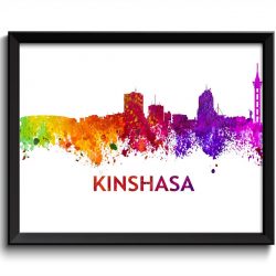 INSTANT DOWNLOAD Kinshasa Skyline City Democratic Republic of Congo Watercolor Cityscape Poster Print Art Painting Red Purple Pink Yellow