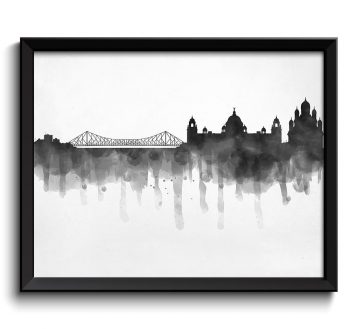 INSTANT DOWNLOAD Kolkata Black White Grey Skyline India Cityscape Art Print Poster Watercolor Painting