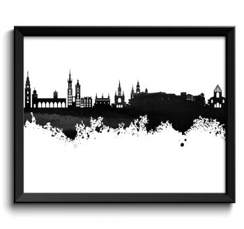 INSTANT DOWNLOAD Krakow Skyline Black White Grey Painting Poster Print Krakow Wall Decor Wall Art Poland City Cityscape Map