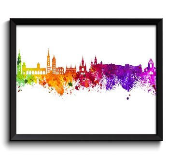 INSTANT DOWNLOAD Krakow Skyline Painting Poster Print Krakow Wall Decor Wall Art Green Yellow Pink Red Purple Pink Poland City Cityscape Map