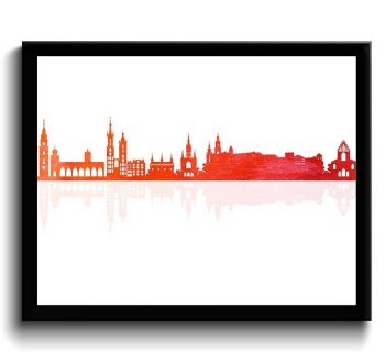 INSTANT DOWNLOAD Krakow Skyline Painting Wall Art Poster Print Krakow Wall Decor Red Orange Coral Poland City Cityscape Map Home Decor