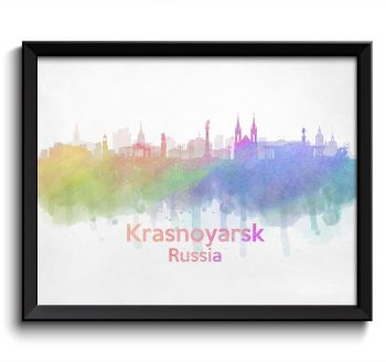 INSTANT DOWNLOAD Krasnoyarsk Skyline Russia Cityscape Art Print Poster Watercolor Painting Landscape Rainbow Yellow Green Blue Purple