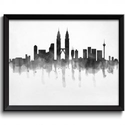 INSTANT DOWNLOAD Kuala Lumpur Skyline Black White Grey Malaysia Aisa City Watercolor Cityscape Poster Print Abstract Landscape Art Painting