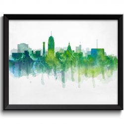 INSTANT DOWNLOAD Lansing Icy Green Blue Turquose Yellow Skyline Michigan USA United States Cityscape Art Print Poster Watercolor Painting