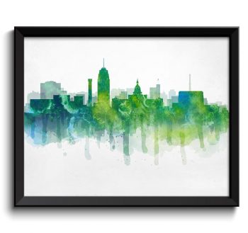 INSTANT DOWNLOAD Lansing Icy Green Blue Turquose Yellow Skyline Michigan USA United States Cityscape Art Print Poster Watercolor Painting