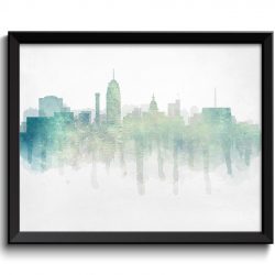 INSTANT DOWNLOAD Lansing Icy Light Turquose Blue Skyline Michigan USA United States Cityscape Art Print Poster Watercolor Painting