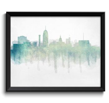 INSTANT DOWNLOAD Lansing Icy Light Turquose Blue Skyline Michigan USA United States Cityscape Art Print Poster Watercolor Painting