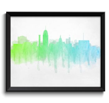 INSTANT DOWNLOAD Lansing Lime Green Baby Blue Skyline Michigan USA United States Cityscape Art Print Poster Watercolor Painting