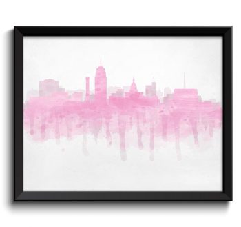 INSTANT DOWNLOAD Lansing Pink Grey Skyline Michigan USA United States Cityscape Art Print Poster Watercolor Painting