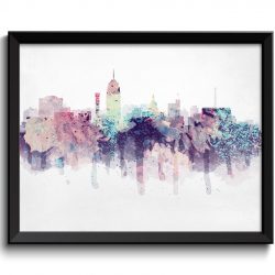 INSTANT DOWNLOAD Lansing Pink Purple Turquoise Blue Skyline Michigan USA United States Cityscape Art Print Poster Watercolor Painting