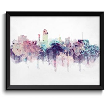 INSTANT DOWNLOAD Lansing Pink Purple Turquoise Blue Skyline Michigan USA United States Cityscape Art Print Poster Watercolor Painting