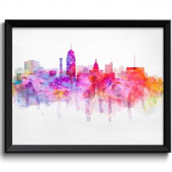 INSTANT DOWNLOAD Lansing Rainbow Pink Purple Yellow Blue Skyline Michigan USA United States Cityscape Art Print Poster Watercolor Painting