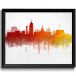 INSTANT DOWNLOAD Lansing Red Orange Yellow Skyline Michigan USA United States Cityscape Art Print Poster Watercolor Painting