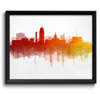 INSTANT DOWNLOAD Lansing Red Orange Yellow Skyline Michigan USA United States Cityscape Art Print Poster Watercolor Painting