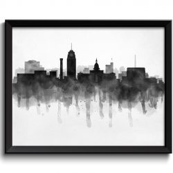 INSTANT DOWNLOAD Lansing Skyline Michigan USA United States Cityscape Art Print Poster Black White Grey Watercolor Painting