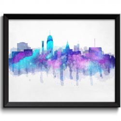 INSTANT DOWNLOAD Lansing Turquoise Blue Pink Purple Skyline Michigan USA United States Cityscape Art Print Poster Watercolor Painting