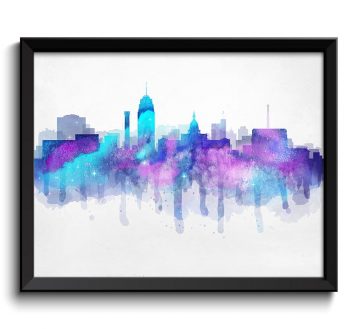 INSTANT DOWNLOAD Lansing Turquoise Blue Pink Purple Skyline Michigan USA United States Cityscape Art Print Poster Watercolor Painting