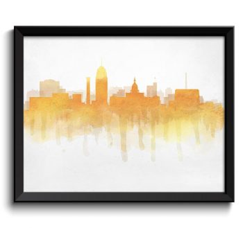 INSTANT DOWNLOAD Lansing Yellow Gold Orange Skyline Michigan USA United States Cityscape Art Print Poster Watercolor Painting