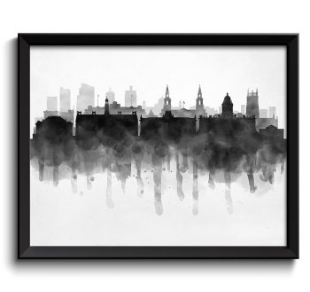 INSTANT DOWNLOAD Leeds Skyline England Europe Cityscape Art Print Poster Black White Grey Watercolor Painting