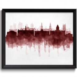 INSTANT DOWNLOAD Leeds Skyline England Europe Cityscape Art Print Poster Deep Dark Red Burgundy Watercolor Painting