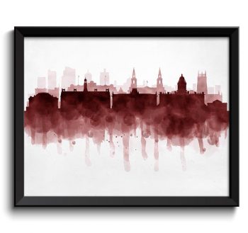 INSTANT DOWNLOAD Leeds Skyline England Europe Cityscape Art Print Poster Deep Dark Red Burgundy Watercolor Painting