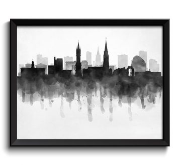 INSTANT DOWNLOAD Leicester Skyline England Europe Cityscape Art Print Poster Black White Grey Watercolor Painting