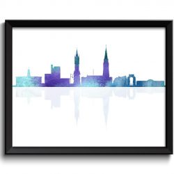 INSTANT DOWNLOAD Leicester Skyline England Europe Cityscape Art Print Poster Teal Blue Turquoise Purple Watercolor Painting