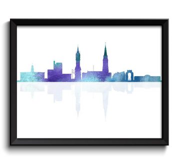 INSTANT DOWNLOAD Leicester Skyline England Europe Cityscape Art Print Poster Teal Blue Turquoise Purple Watercolor Painting