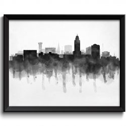 INSTANT DOWNLOAD Lincoln Skyline Nebraska USA United States Cityscape Art Print Poster Black White Grey Watercolor Painting