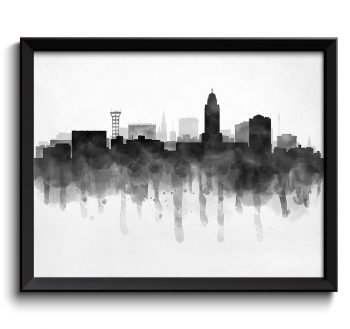 INSTANT DOWNLOAD Lincoln Skyline Nebraska USA United States Cityscape Art Print Poster Black White Grey Watercolor Painting