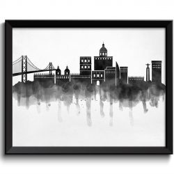 INSTANT DOWNLOAD Lisbon Skyline City Black White Grey Cityscape Portugal Europe Famous Landmark Poster Print Abstract Landscape Art Painting