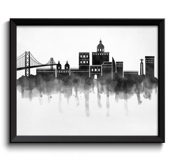 INSTANT DOWNLOAD Lisbon Skyline City Black White Grey Cityscape Portugal Europe Famous Landmark Poster Print Abstract Landscape Art Painting