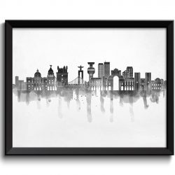 INSTANT DOWNLOAD Lisbon Skyline City Grey Black White Cityscape Portugal Europe Famous Landmark Poster Print Abstract Landscape Art Painting