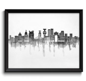 INSTANT DOWNLOAD Lisbon Skyline City Grey Black White Cityscape Portugal Europe Famous Landmark Poster Print Abstract Landscape Art Painting