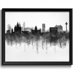 INSTANT DOWNLOAD Liverpool Skyline England Europe Cityscape Art Print Poster Black White Grey Watercolor Painting