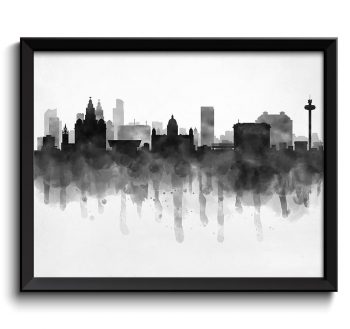 INSTANT DOWNLOAD Liverpool Skyline England Europe Cityscape Art Print Poster Black White Grey Watercolor Painting