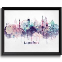 INSTANT DOWNLOAD London Skyline City Name England Europe Cityscape Art Print Poster Pink Purple Turquoise Blue Watercolor Painting